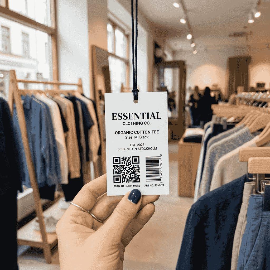 StyleFrame QR sticker on a garment hangtag