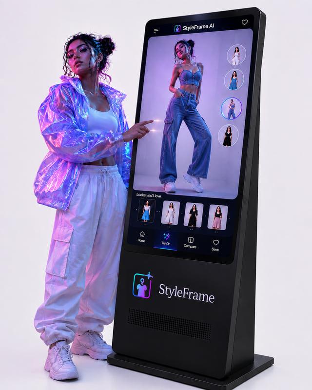 Concept render of a freestanding StyleFrame kiosk displaying a try-on result, with a shopper standing beside it