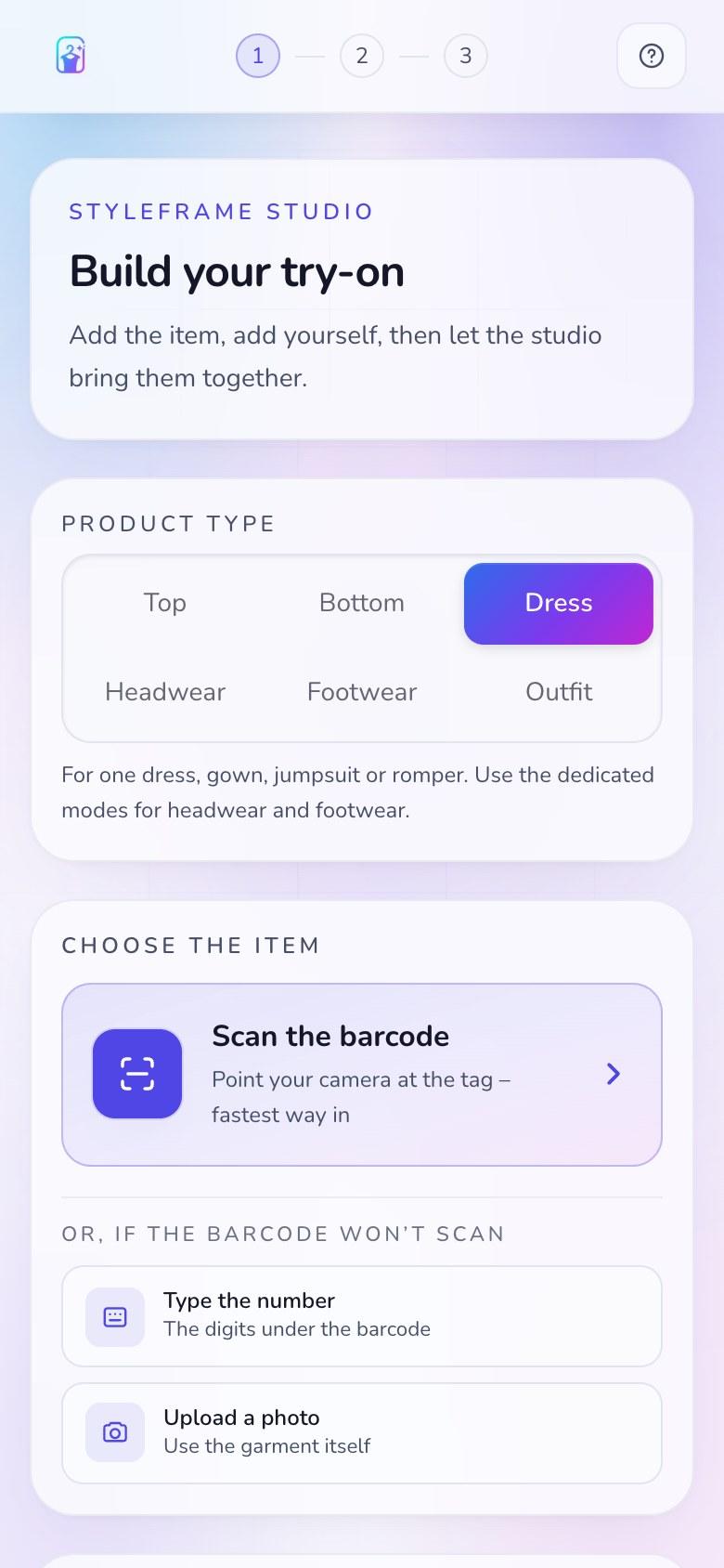 StyleFrame studio on a phone, offering to scan the barcode, type the number, or upload a photo of the garment
