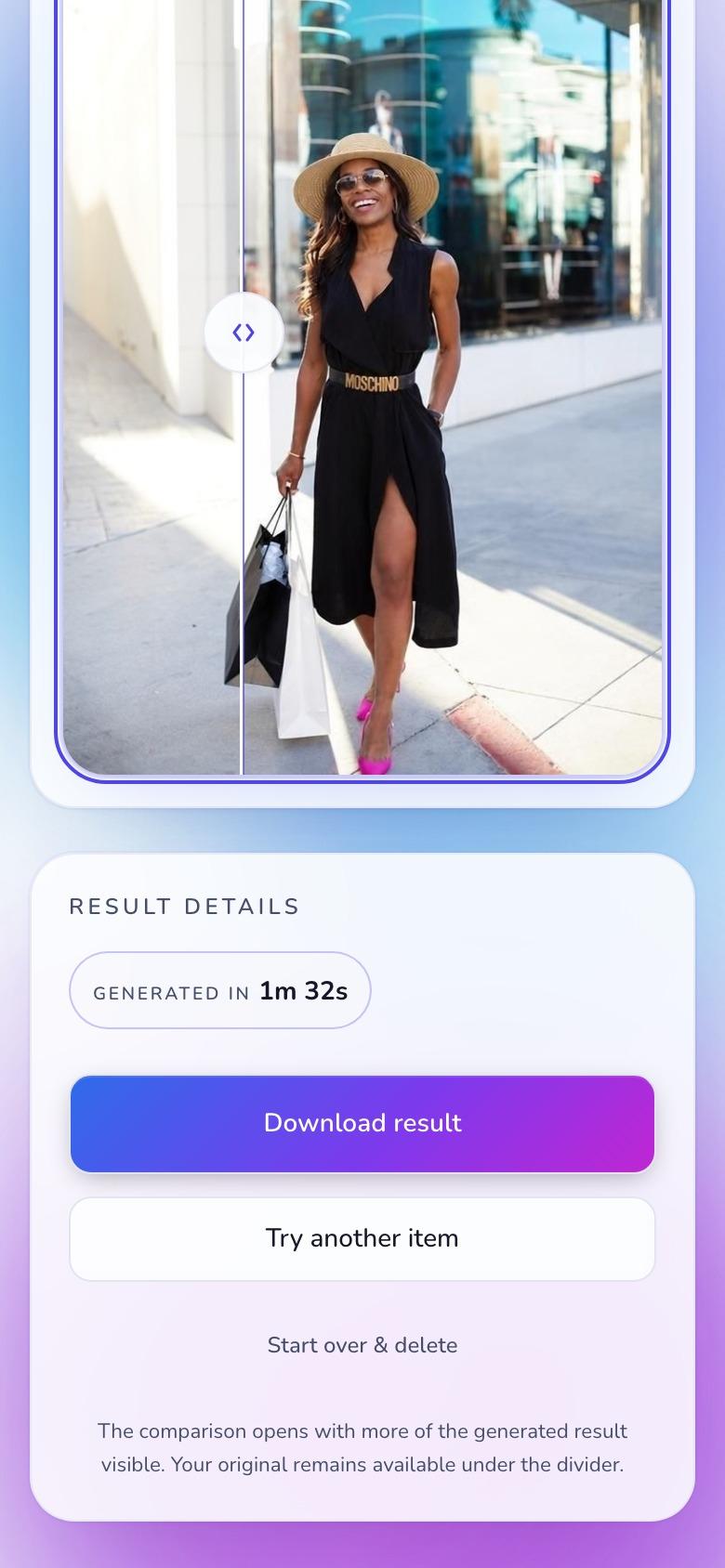 StyleFrame try-on result on a phone: the comparison divider set left of the generated sun hat, above the result details and the download, try another and start over actions