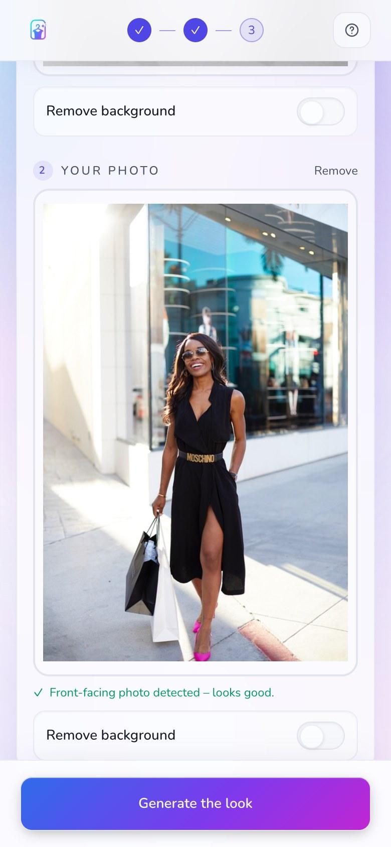The StyleFrame studio with a shopper photo added, confirming on-device that a front-facing photo was detected