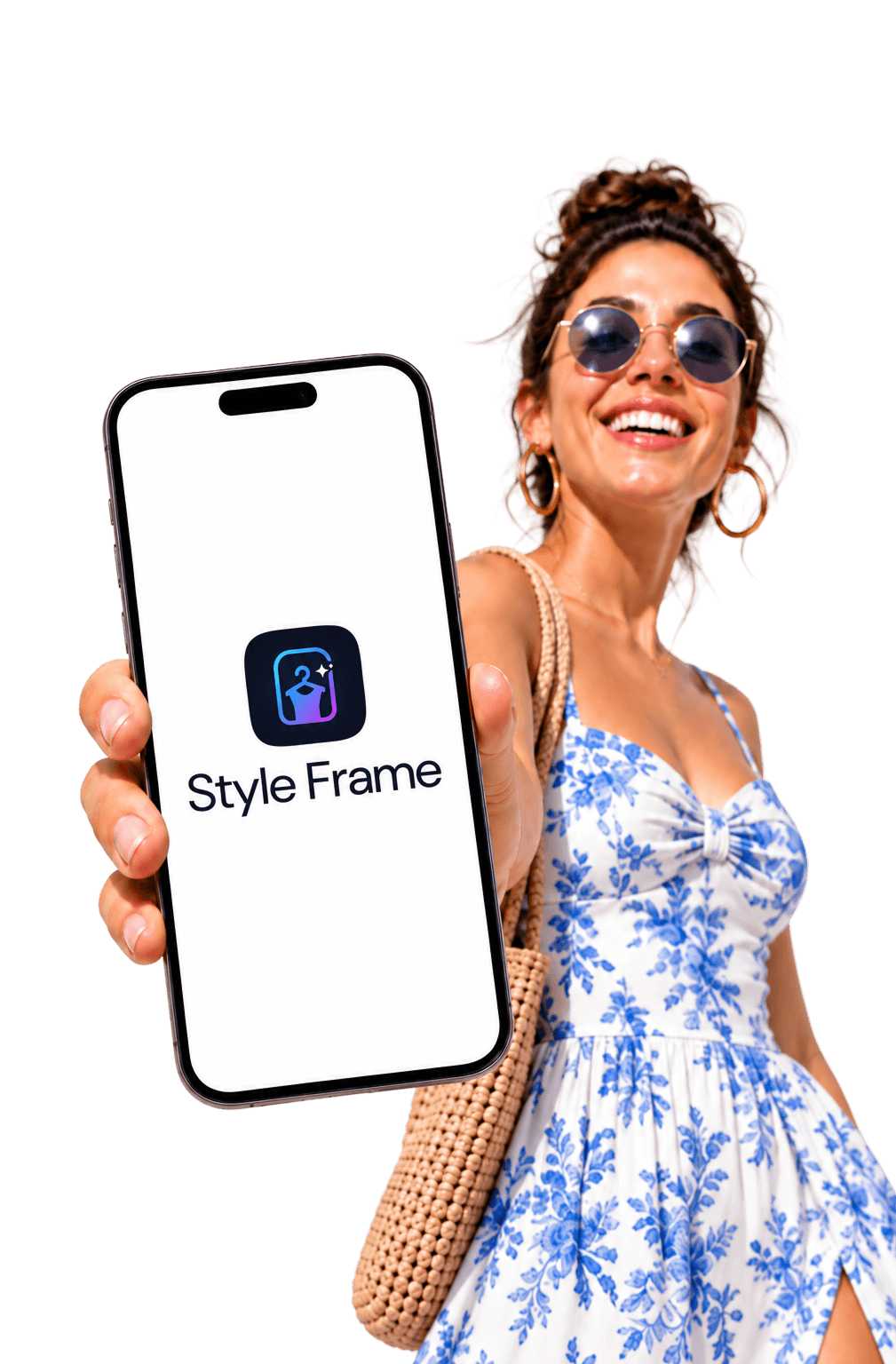 A smiling shopper holding a phone displaying the StyleFrame app
